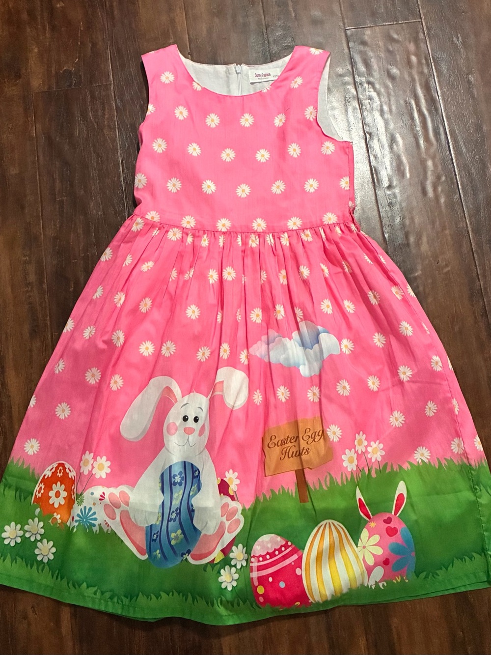 Girls Pink Daisy Bunny Easter Dress with Egg Print